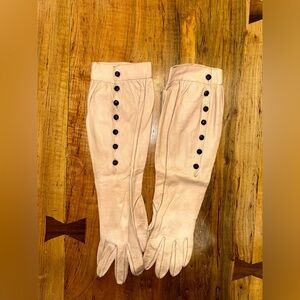 Vintage Long Cream Leather Gloves with Black Buttons